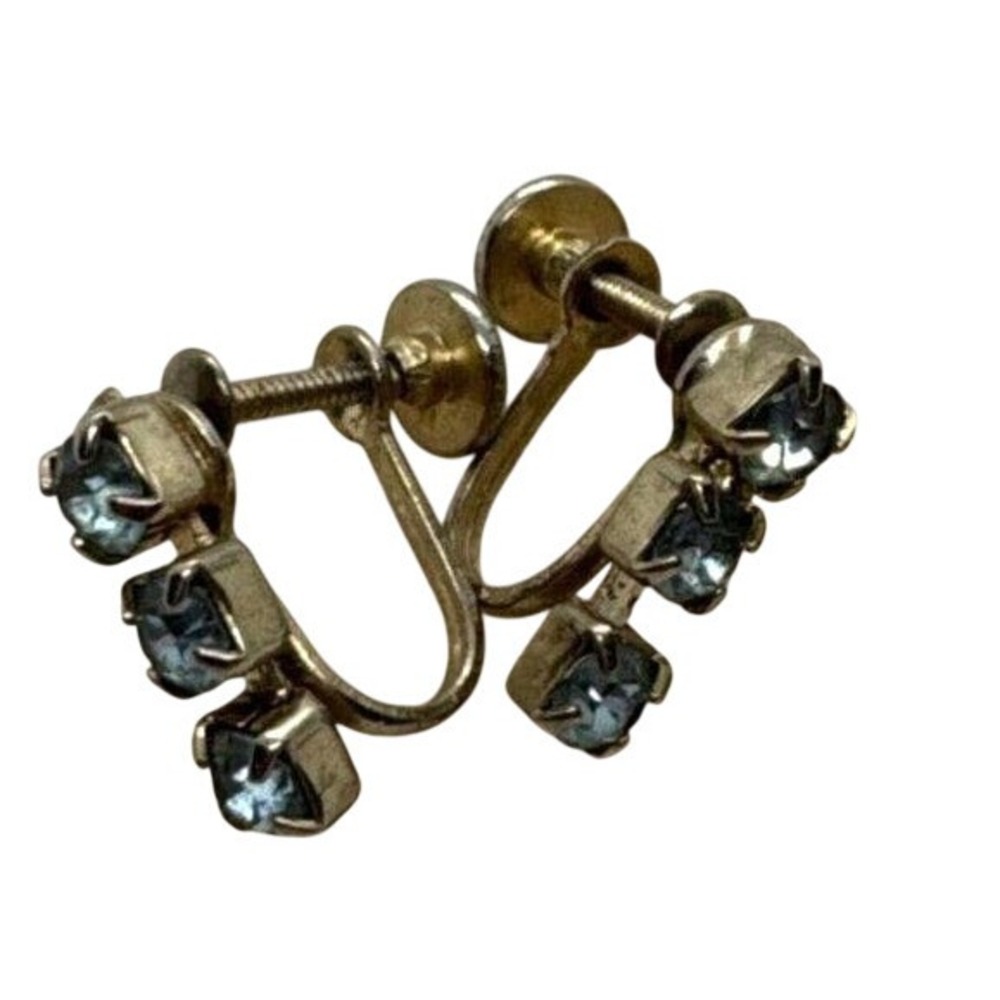 Vintage Rhinestone Light Blue Silver Tone Screw Back Earrings 1960s Retro‎